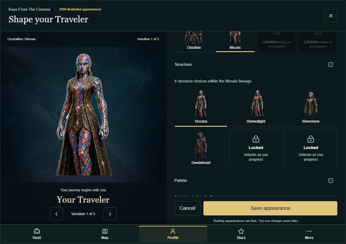 The current Traveler creator showing a multicolored Mosaic Tessera, structure choices, and appearance controls