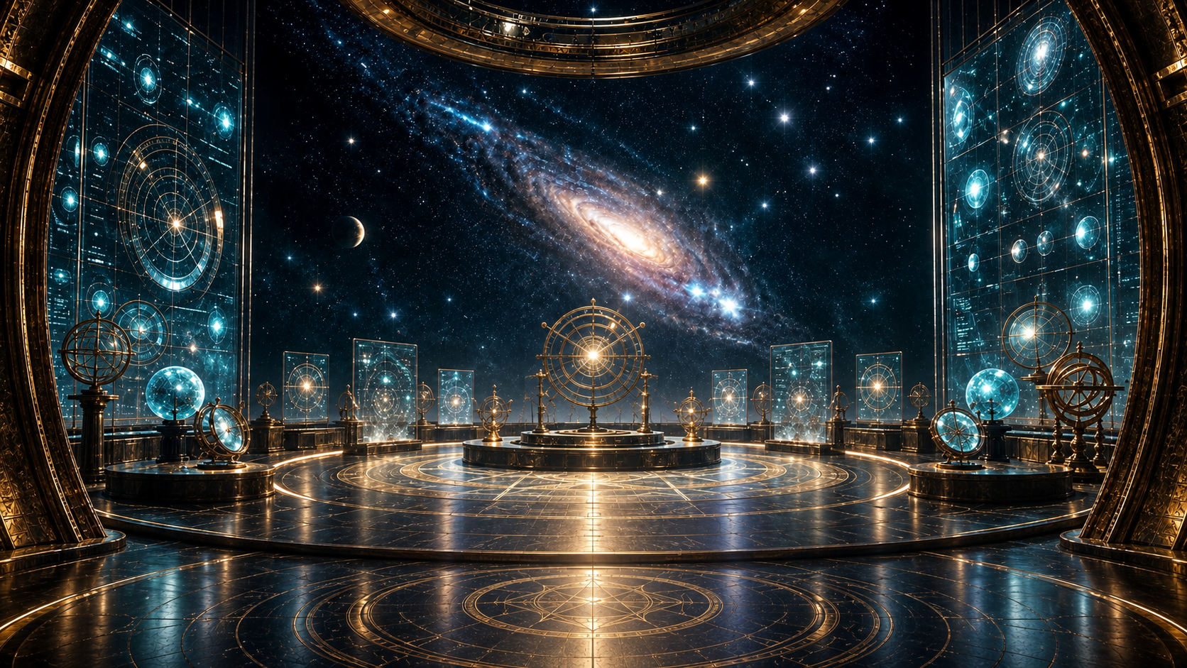 The First Chamber, with celestial instruments beneath an open galaxy