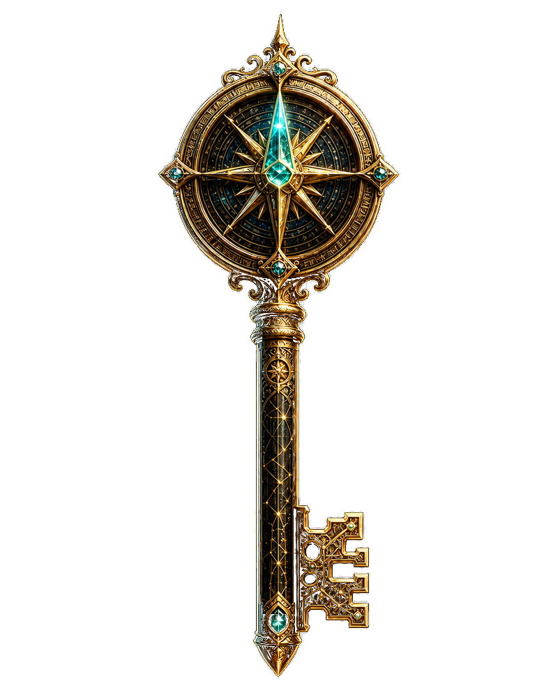 The Key of the Compass, crowned by a luminous celestial compass