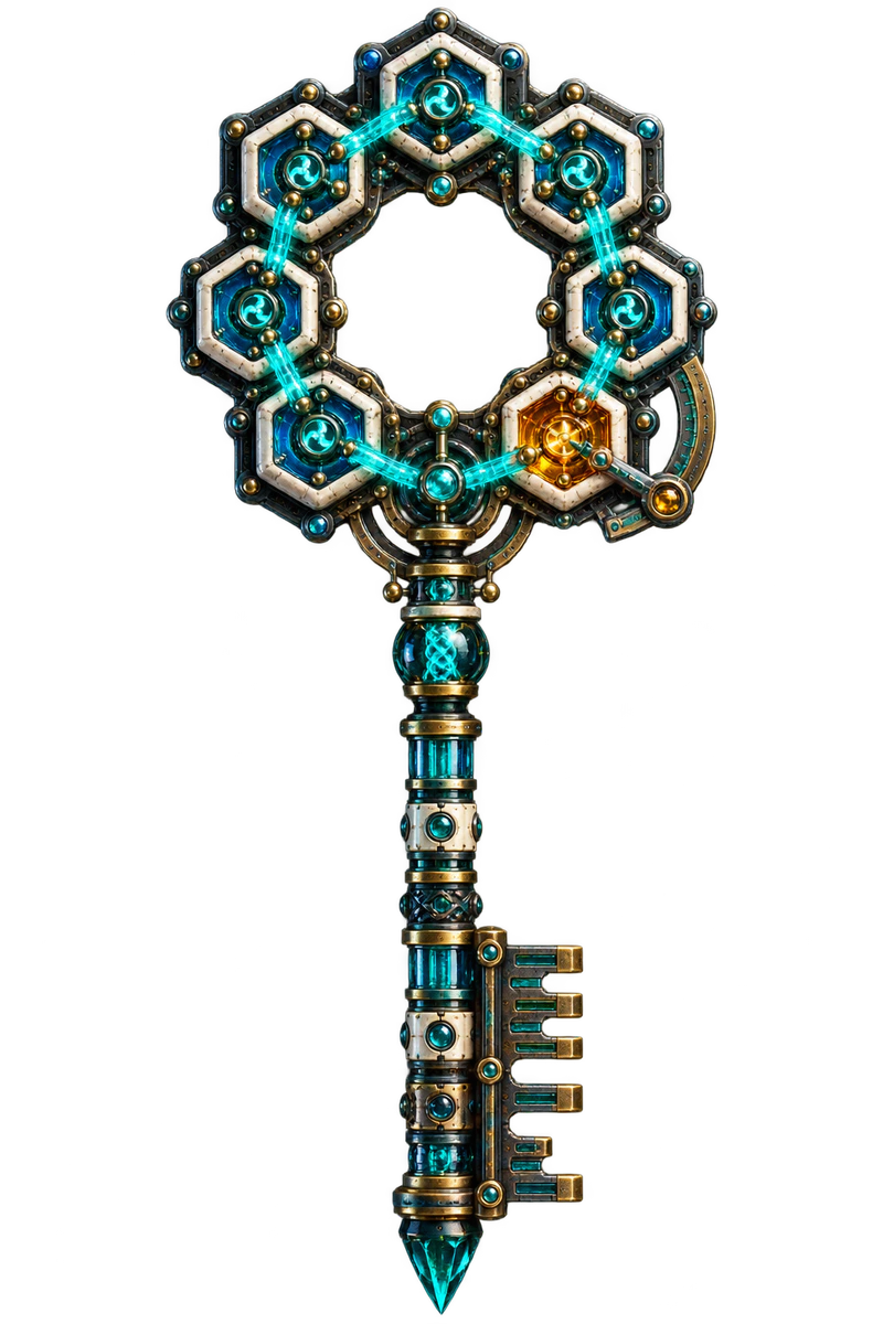 The Key of Pattern, with linked crystal settings, intricate gold and silver metalwork, and a luminous cyan shaft